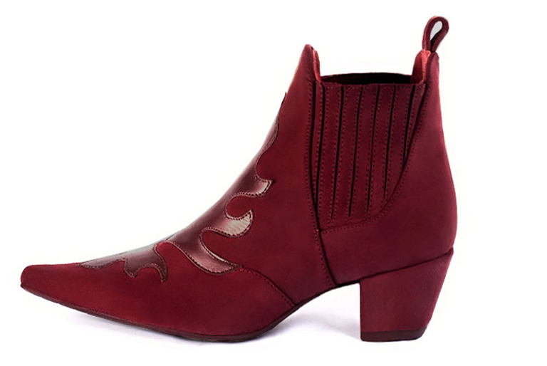 Burgundy red women's ankle boots, with elastics. Pointed toe. Medium cone heels. Profile view - Florence KOOIJMAN